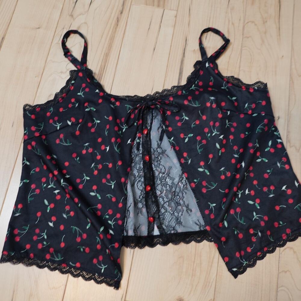 Adore Me Black Cherry Print Satin Cami Lace Trim Coquette Dark Feminine Size XL